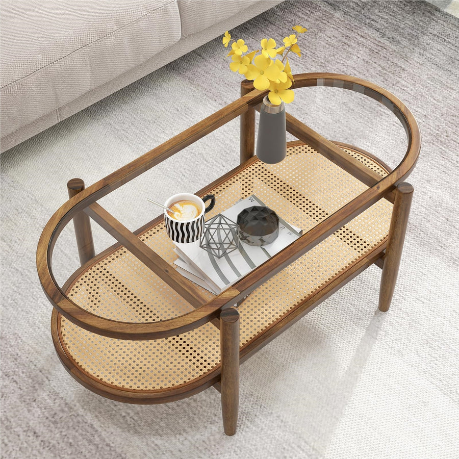 Table basse, table basse avec plateau de table en verre et rangement en rotin, table de salon avec pieds en bois et cadre en bois, table basse pour sa
