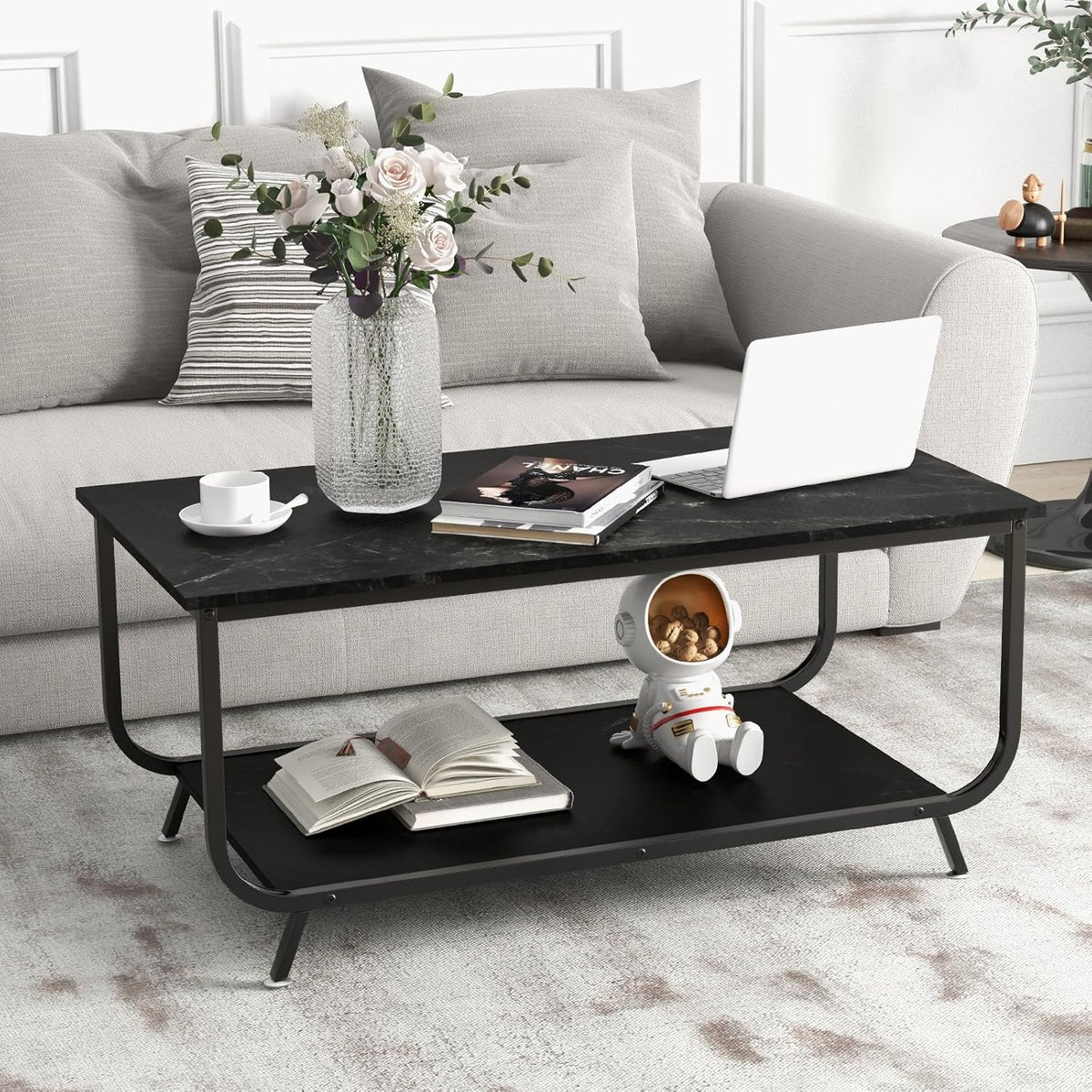Table Basse Salon Double Plateau Effet Marbre, Table Salon Rectangulaire Moderne, Cadre en Métal, 105 x 55 x 46,5 cm Noir