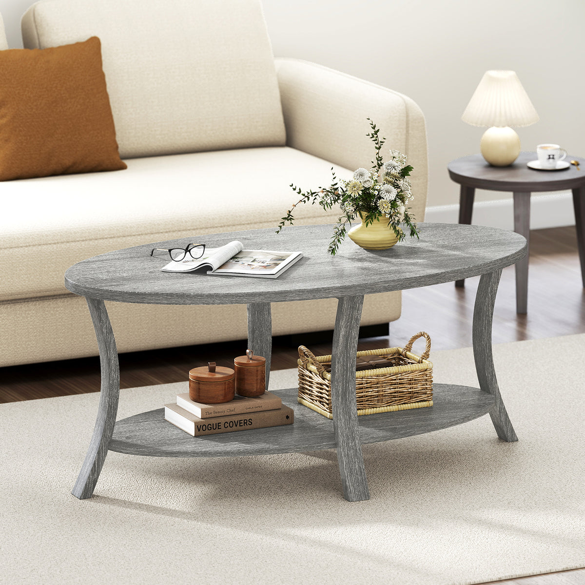 Table Basse Ovale, Table Centrale à 2 Niveaux avec Étagère de Rangement, Accent en Bois Caoutchouc pour Thé, Style Rustique Salon Bureau Réception Gri