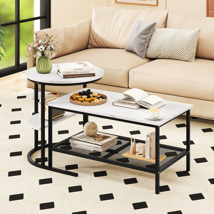 Ensemble de 2 tables basses gigognes, ensemble de tables 2-en-1 détachables, plateau en faux marbre, 2 pièces avec étagère de rangement supplémentaire