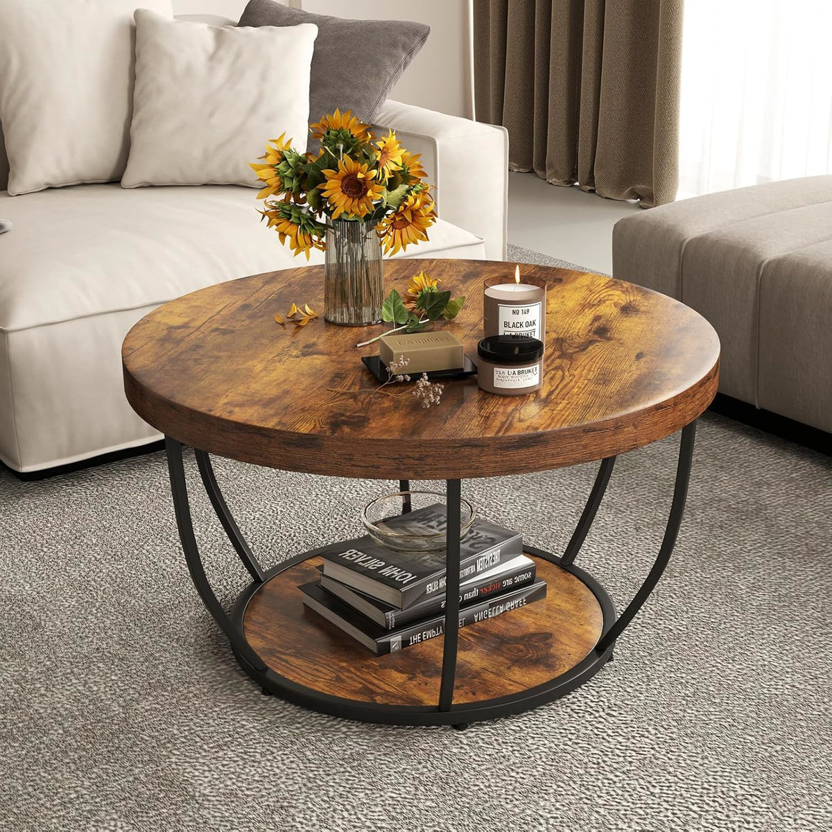 Table basse ronde à 2 niveaux avec rangement, 31.5", cadre en métal robuste, table à thé et à cocktails, table d'appoint pour la maison avec dessus en