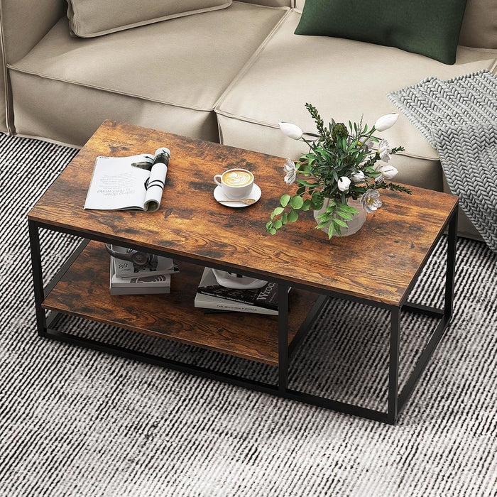 Table Basse Industrielle à 2 Niveaux, 41,5 pouces/105 cm, Table de Centre Rectangulaire avec Étagère de Rangement et Cadre en Métal, Table d'Accent en
