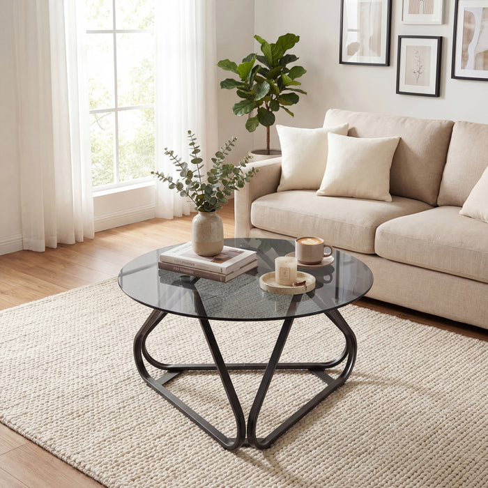 Table basse ronde en verre trempé, table d'appoint moderne et minimaliste avec cadre triangulaire en métal, table basse centrale pour salon et bureau