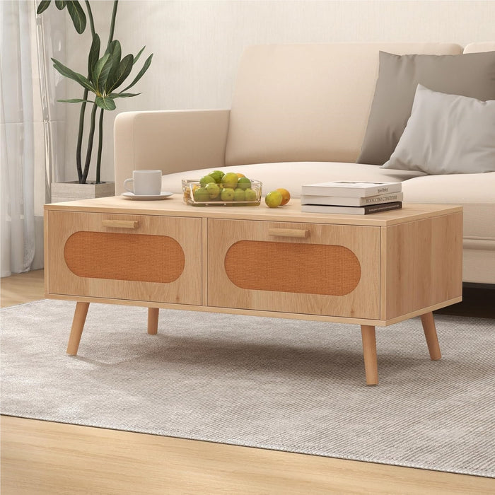 Table basse en rotin avec 2 tiroirs et compartiment arrière, table d'appoint moderne avec pieds en bois massif pour salon, chambre, 100 x 50 x 41 cm