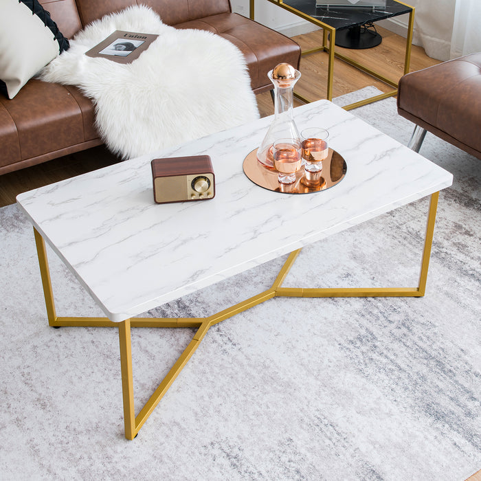 Table Basse en Faux Marbre Blanc, Table d'Appoint Moderne avec Cadre Métallique Doré, Table d'Appoint Luxueuse pour Canapé, Table Rectangulaire pour S