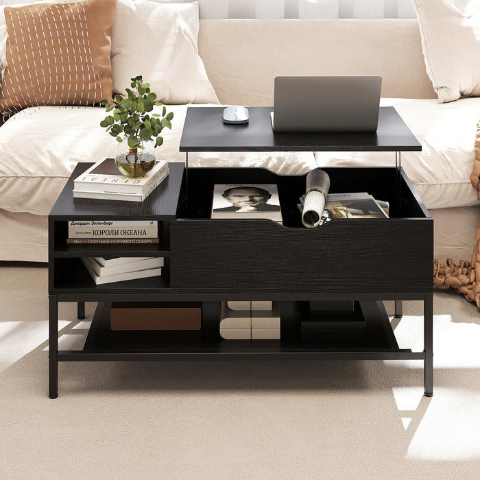Table basse relevable avec compartiment caché, table de salon en bois avec étagère de rangement, table centrale de salle à manger relevable pour petit