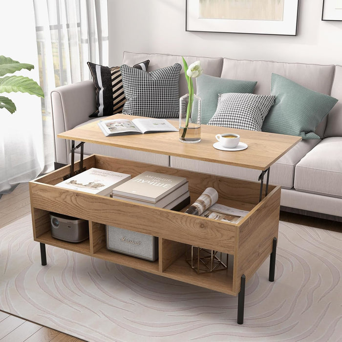 Table basse à plateau relevable, table centrale de salon avec plateau relevable, grand compartiment caché et 3 casiers ouverts, table de salon à pieds