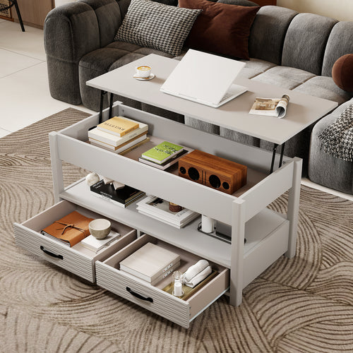 Table basse relevable avec rangement, table d'appoint de style ferme avec compartiment de rangement dissimulé, étagère ouverte et 2 tiroirs, table bas