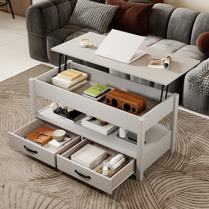 Table basse relevable avec rangement, table d'appoint de style ferme avec compartiment de rangement dissimulé, étagère ouverte et 2 tiroirs, table bas