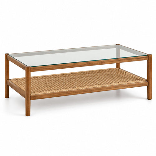 Alba Lunelle — visuel de présentation sur fond blanc, table basse verre et rotin