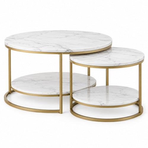 Aveline Lunelle — ensemble de deux tables gigognes marbrées sur fond blanc, illustration d’ambiance